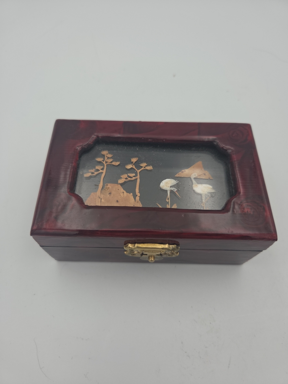 Asian Handcrafted Red Wooden Keepsake Box with Inlaid Cork Scene